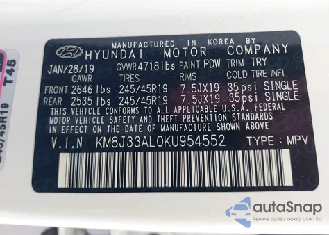 2019 Hyundai Tucson Night from USA, damaged, VIN KM8J33AL0KU954552